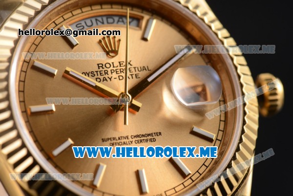 Rolex Day-Date Clone Rolex 3255 Automatic Yellow Gold Case/Bracelet with Yellow Gold Dial and Stick Markers - Click Image to Close